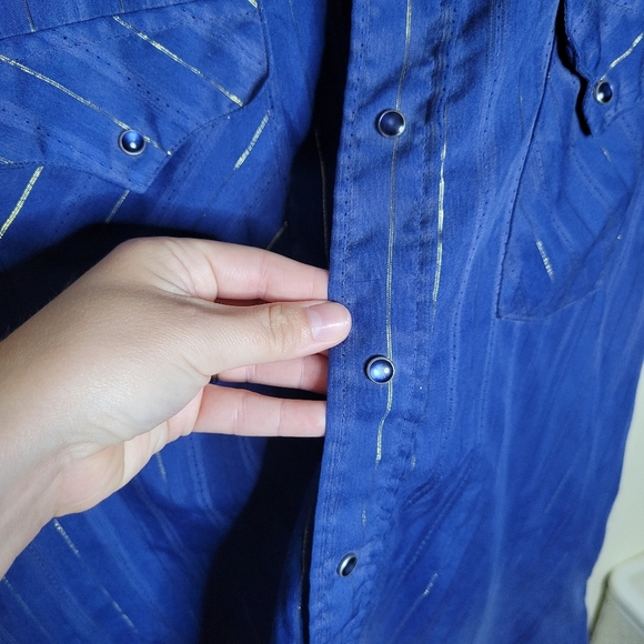 Panhandle Slim Ranch & Town Blue Gold Metallic Stripe Western Snap Button Shirt - Picture 3 of 6